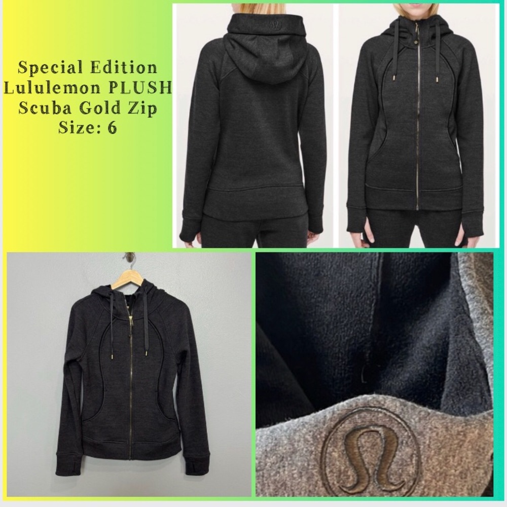 Lululemon PLUSH Scuba Hoodie Gold Full Zip Heathered Core Black 6 Charcoal Small